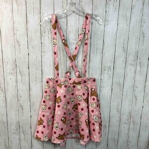 Women's Rilakkuma Pink Strawberry Bear Print Suspender Skirt Size XL